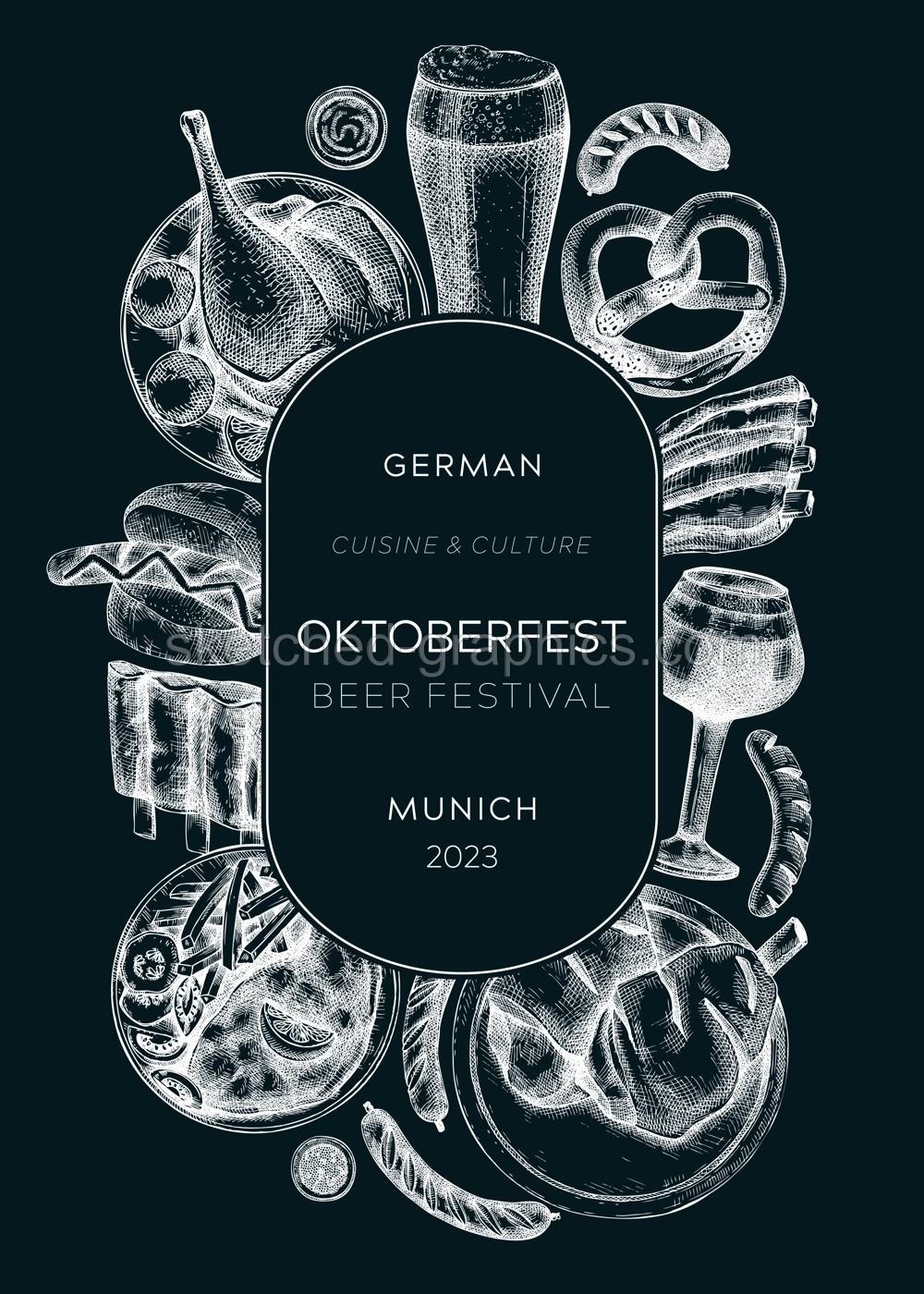 Oktoberfest wreath on chalkboard. German food and drinks menu design template. Meat dishes sketches. German cuisine vintage frame. Traditional beer festival banner. Oktoberfest party Illustration